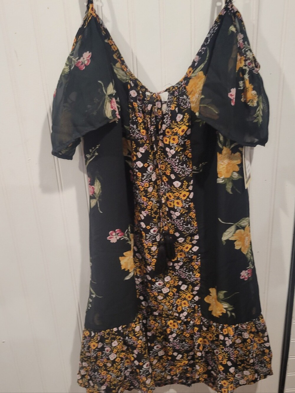 Black Floral Mini Dress with Yellow Accents